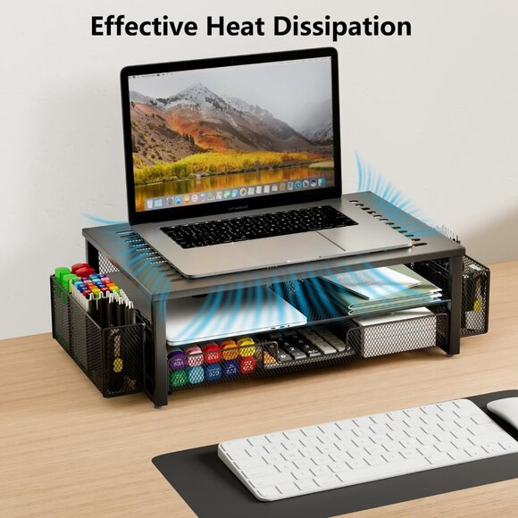 Desk Computer Monitor Stand Riser with Drawer and 2 Pen Holder, Desk Organizer, - Picture 6 of 7